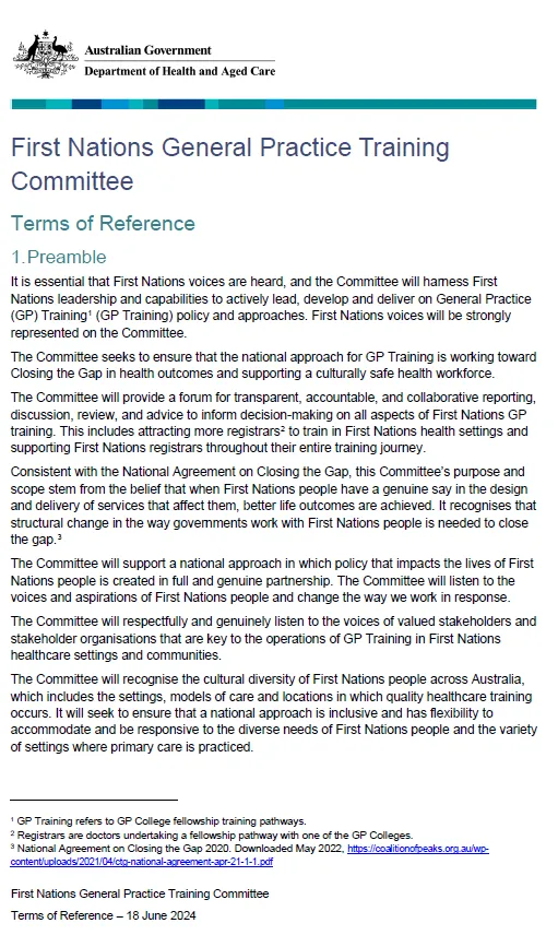 First Nations General Practice Training Committee – Terms of reference