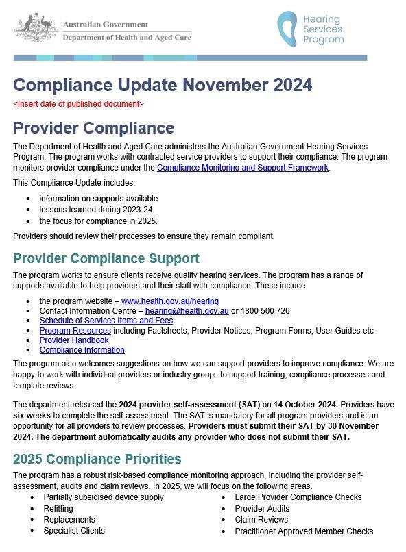 Cover image for the November version of the Hearing Services Program – Compliance update