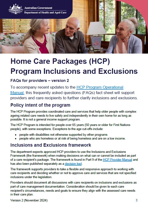 Home Care Packages Program inclusions and exclusions – FAQs for providers – version 2