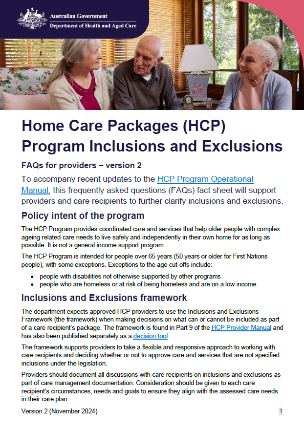 Home Care Packages Program inclusions and exclusions – FAQs for providers – version 2