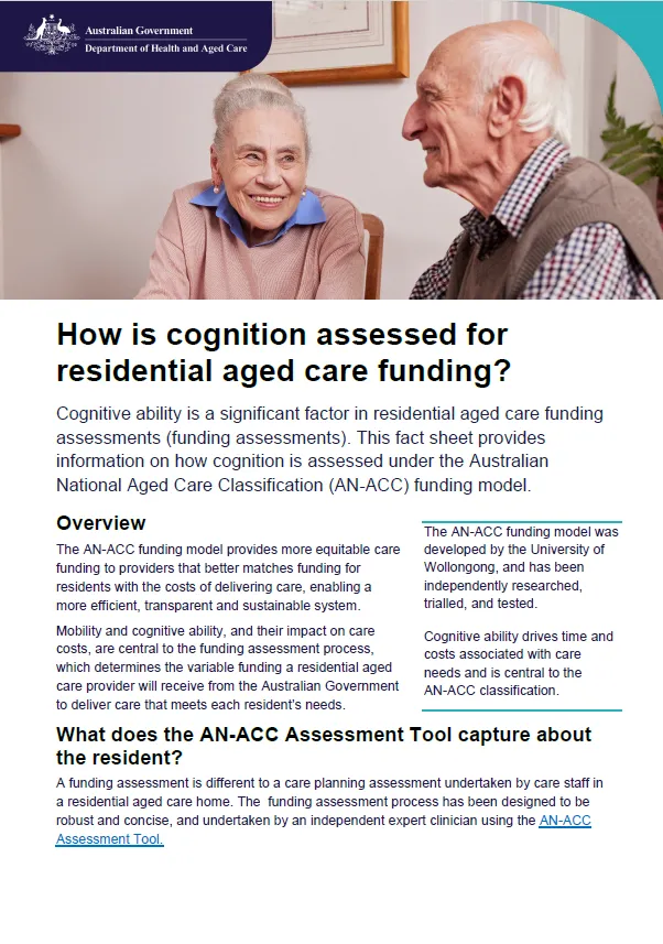 How is cognition assessed for residential aged care funding?