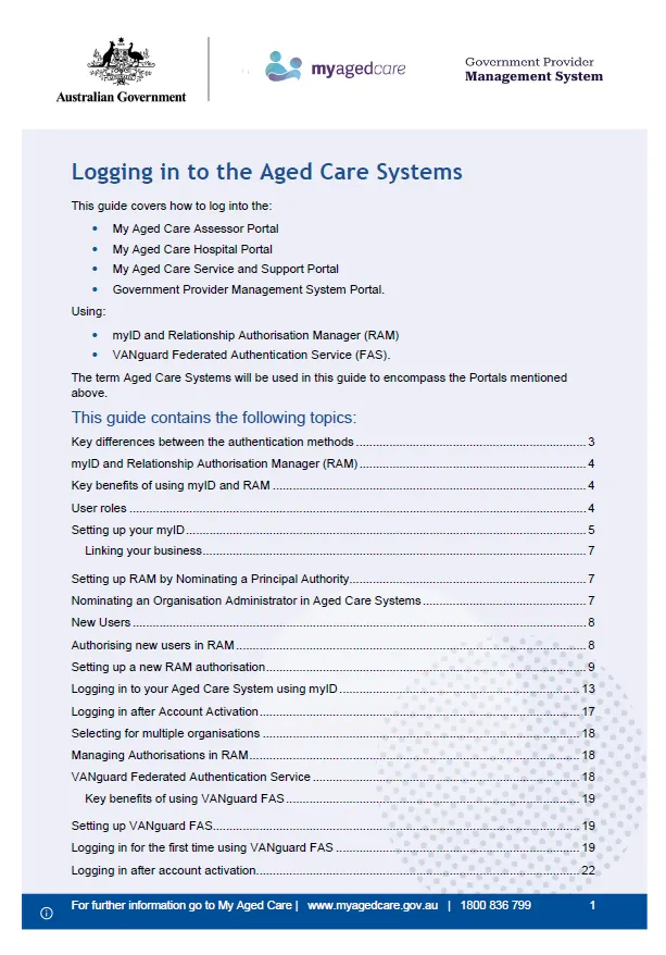 Cover page for the Logging in to the Aged Care Systems