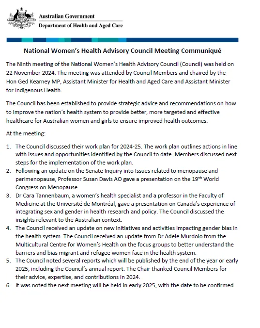 National Women’s Health Advisory Council communique