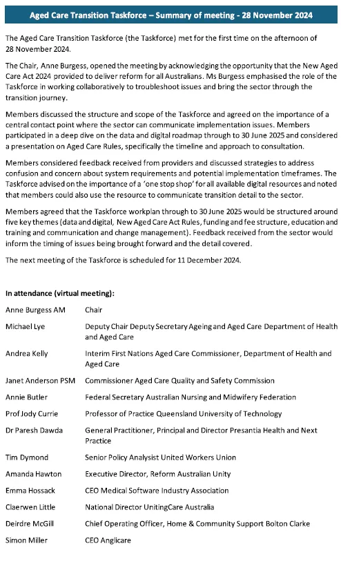 Cover image Aged Care Transiton Taskforce Summary of Meeting – 28 November 2024