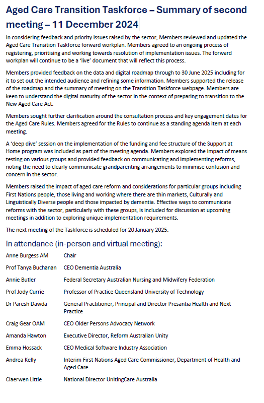 Aged Care Transition Taskforce Summary of Meeting – 11 December 2024