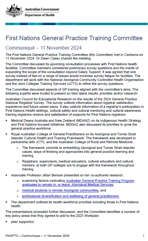 First Nations General Practice Training Committee (FNGPTC) communique – 11 November 2024