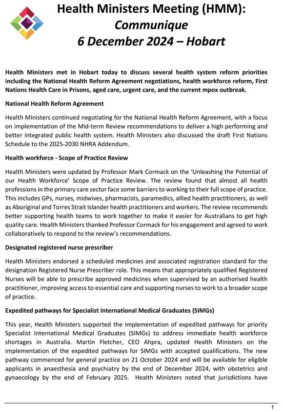 Health Ministers Meeting (HMM) – Communique 6 December 2024