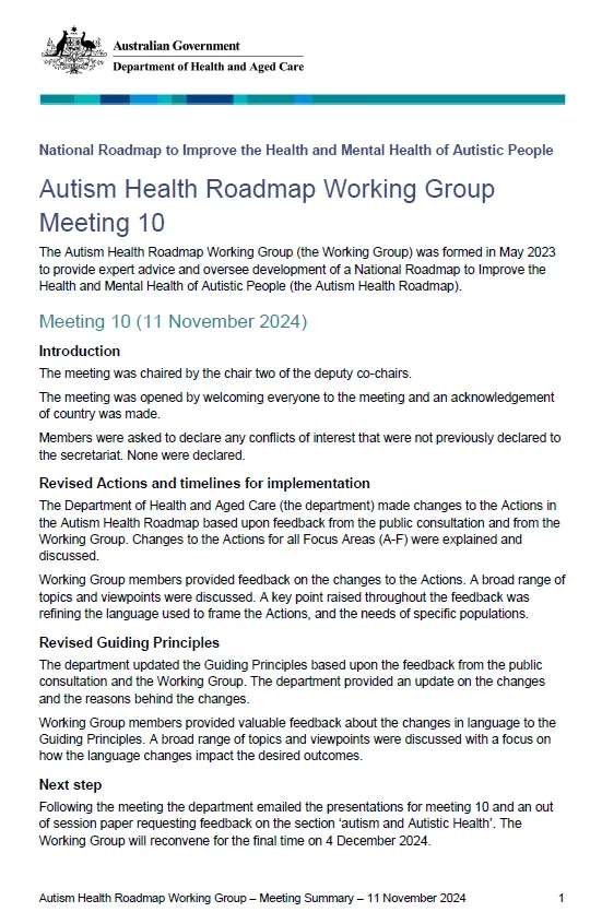 Cover image of the Autism Health Roadmap Working Group Meeting 10