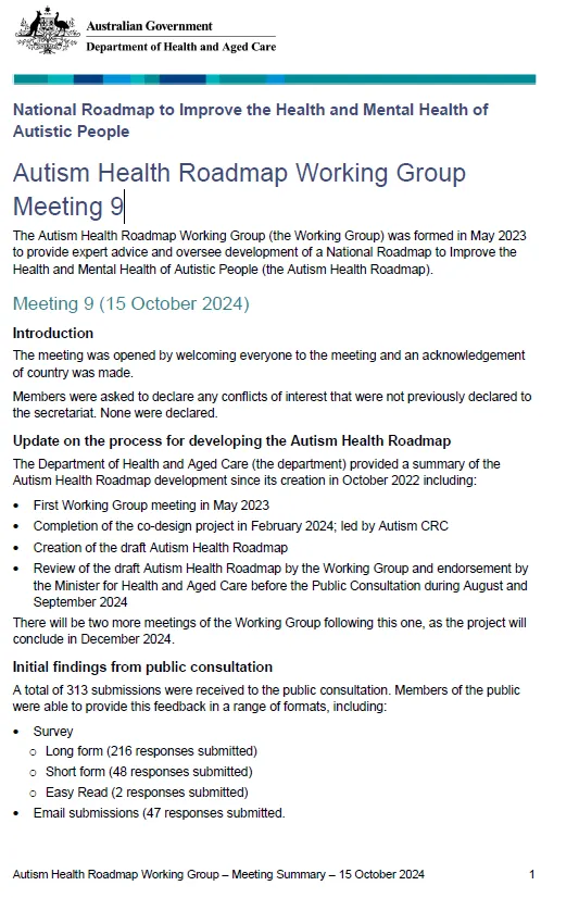 Cover image of the Autism Health Roadmap Working Group Meeting 9