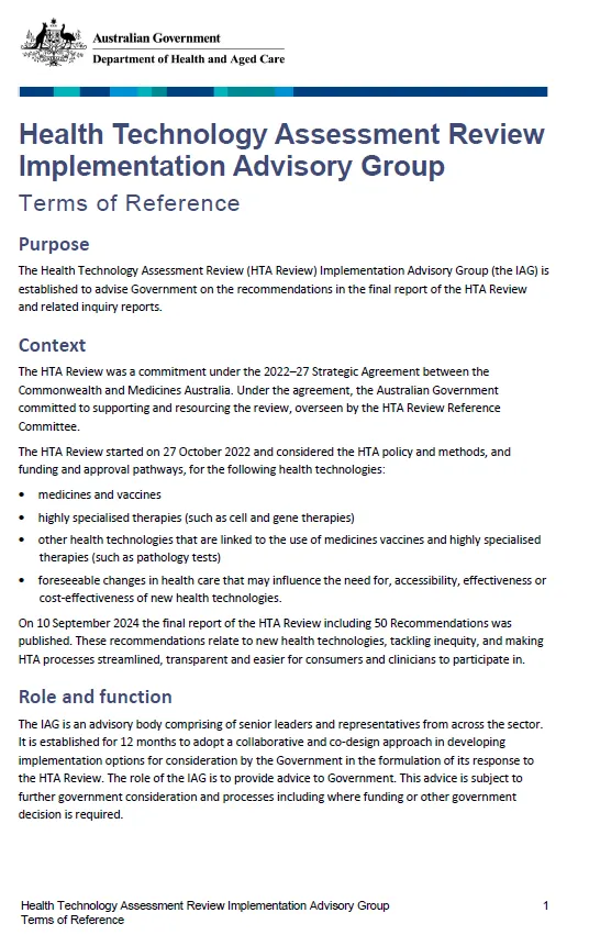Cover image_Health Technology Assessment Review Implementation Advisory Group – Terms of reference