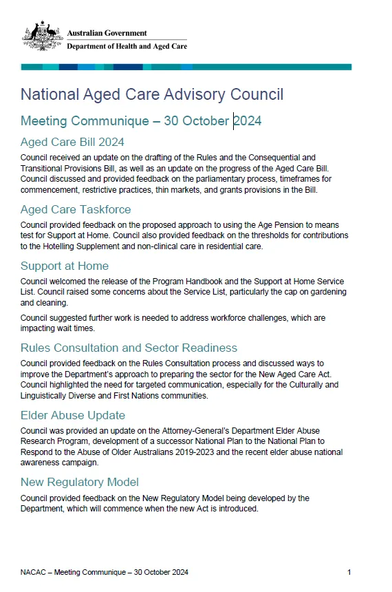 National Aged Care Advisory Council communiqué – October 2024