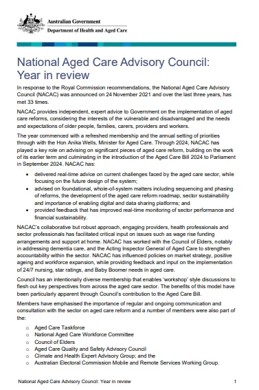 Cover image for the National Aged Care Advisory Council communique – Second term achievements