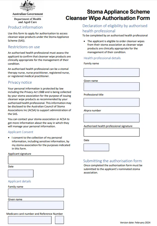 Stoma Appliance Scheme – Cleanser wipe authorisation form