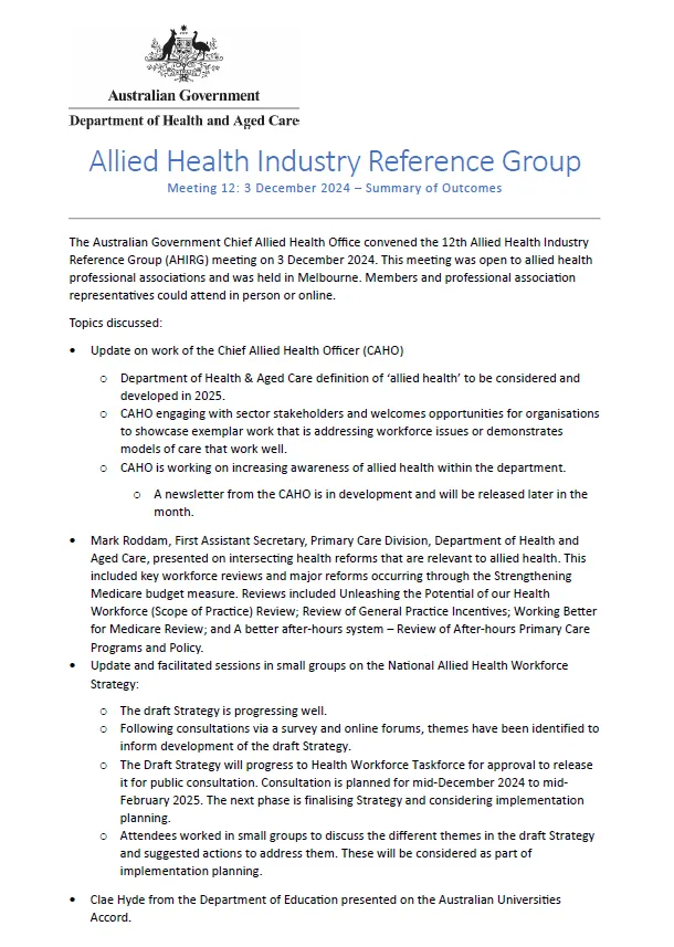 Allied Health Industry Reference Group – Summary of outcomes for meeting 12 cover image