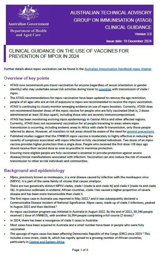 Cover image for the ATAGI Clinical Guidance on the use of vaccines for the prevention of Mpox v3.1