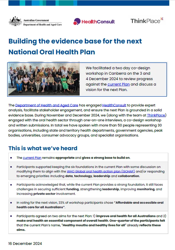 Cover image of the Building the evidence base for the next National Oral Health Plan flyer