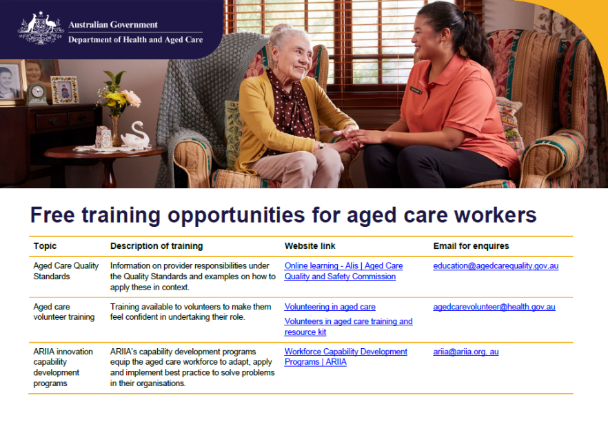 Free training opportunities for aged care workers