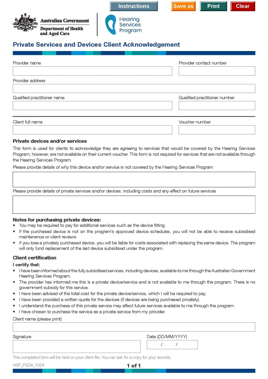 Hearing Services Program private services and devices acknowledgement form cover image