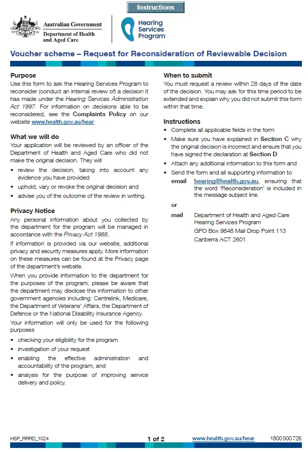 Hearing Services Program reconsideration and appeals form cover image