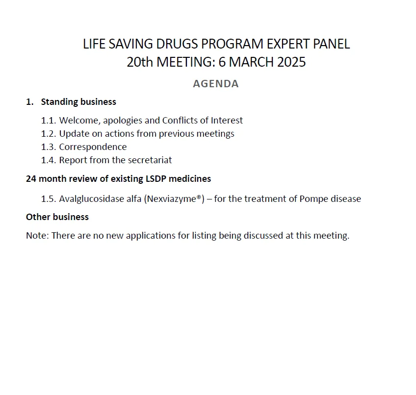 Life Saving Drugs Program (LSDP) Expert Panel meeting agenda – 6 March 2025