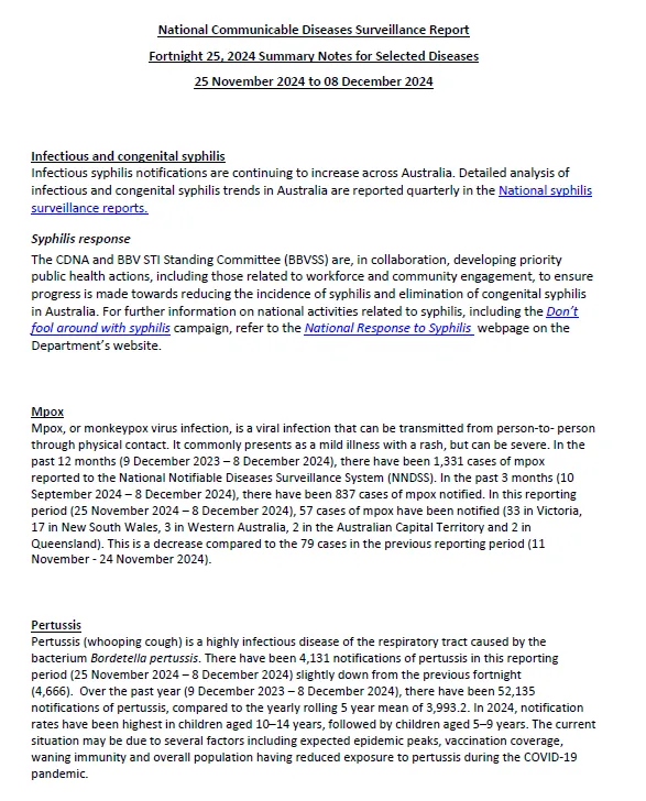 NNDSS fortnightly reports – 25 November to 08 December 2024 cover image