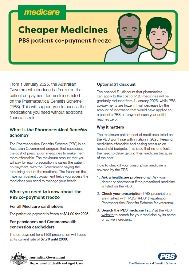 Cover page_PBS patient co-payment freeze – Consumer fact sheet