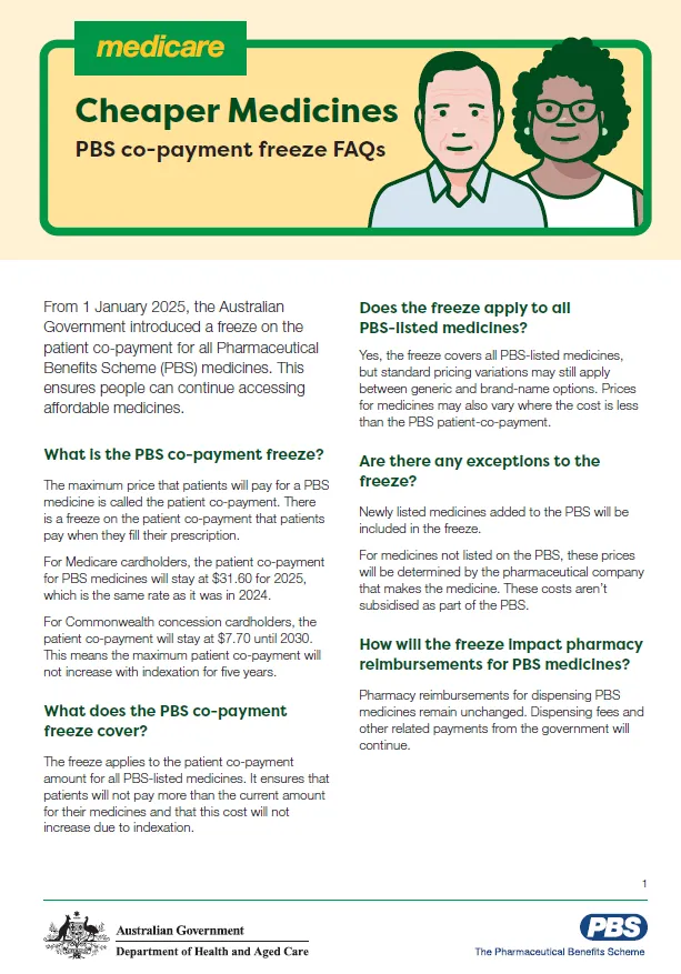 Cover page_PBS patient co-payment freeze – Pharmacist FAQ