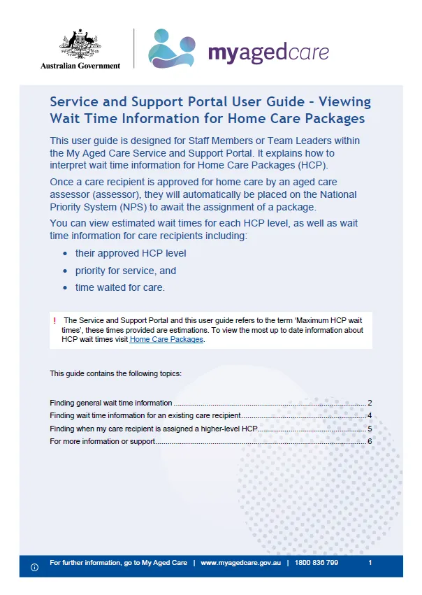 Service and support portal user guide – Viewing wait time information for Home care packages