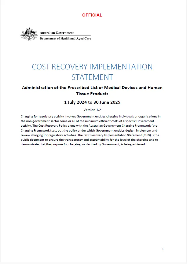 Cost Recovery Implementation Statement – Administration of the Prescribed List of Medical Devices and Human Tissue Products