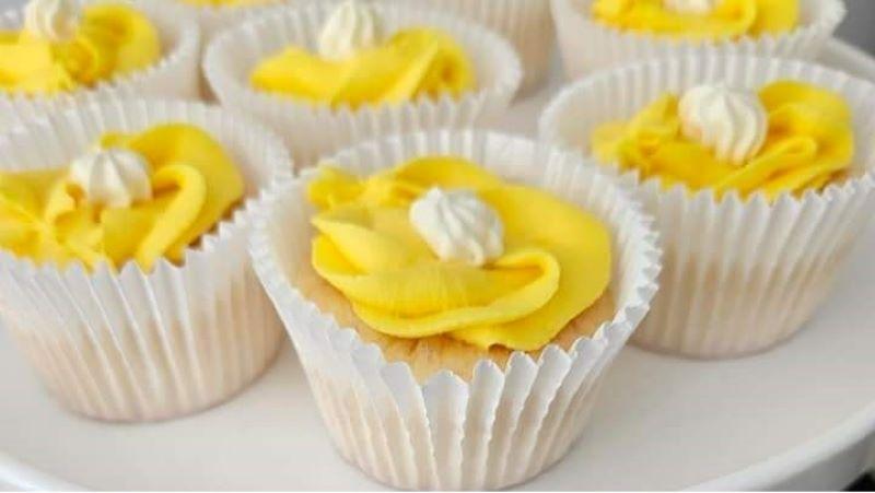 Close up of brigh cupcakes, as Heathcote Health’s Daffodil Day cupcakes on show in the dining room.