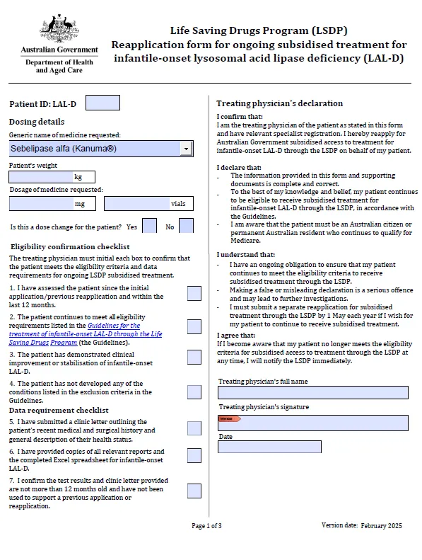 Life Saving Drugs Program – Infantile-onset lysosomal acid-lipase deficiency disease (LAL-D) – Reapplication