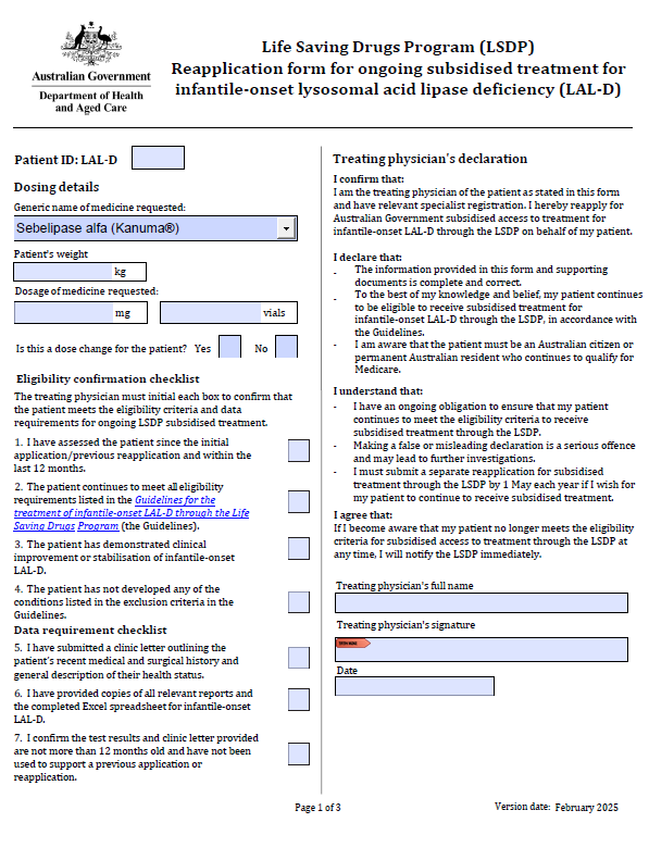 Life Saving Drugs Program – Infantile-onset lysosomal acid-lipase deficiency disease (LAL-D) – Reapplication