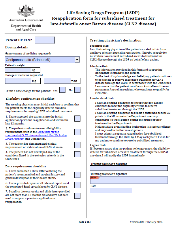 Life Saving Drugs Program – Late infantile Batten disease (CLN2 disease) – Reapplication
