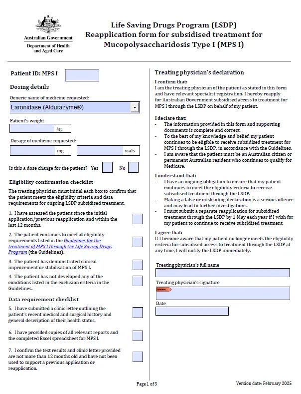 Life Saving Drugs Program – Mucopolysaccharidosis type I (MPS I) – Reapplication