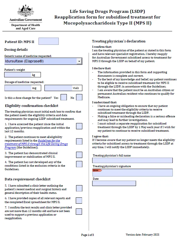 Life Saving Drugs Program – Mucopolysaccharidosis type II (MPS II) – Reapplication