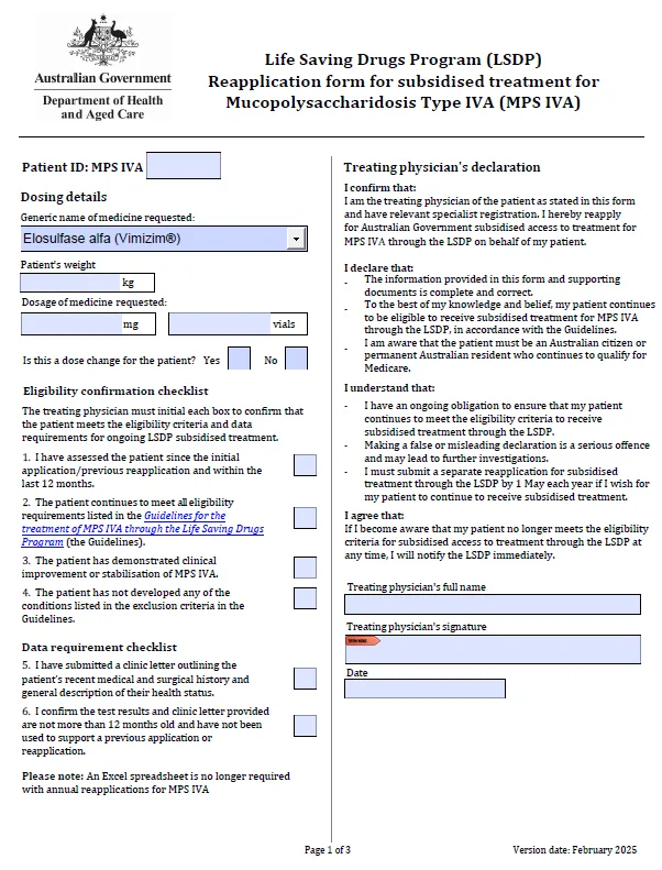 Life Saving Drugs Program – Mucopolysaccharidosis type IVA (MPS IVA) – Reapplication