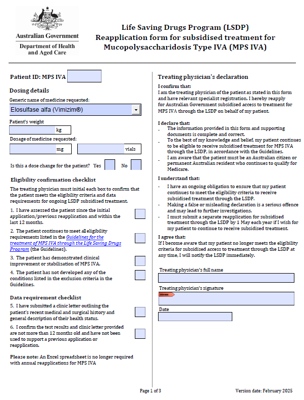 Life Saving Drugs Program – Mucopolysaccharidosis type IVA (MPS IVA) – Reapplication