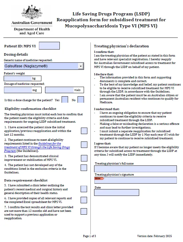 Life Saving Drugs Program – Mucopolysaccharidosis type VI (MPS VI) – Reapplication