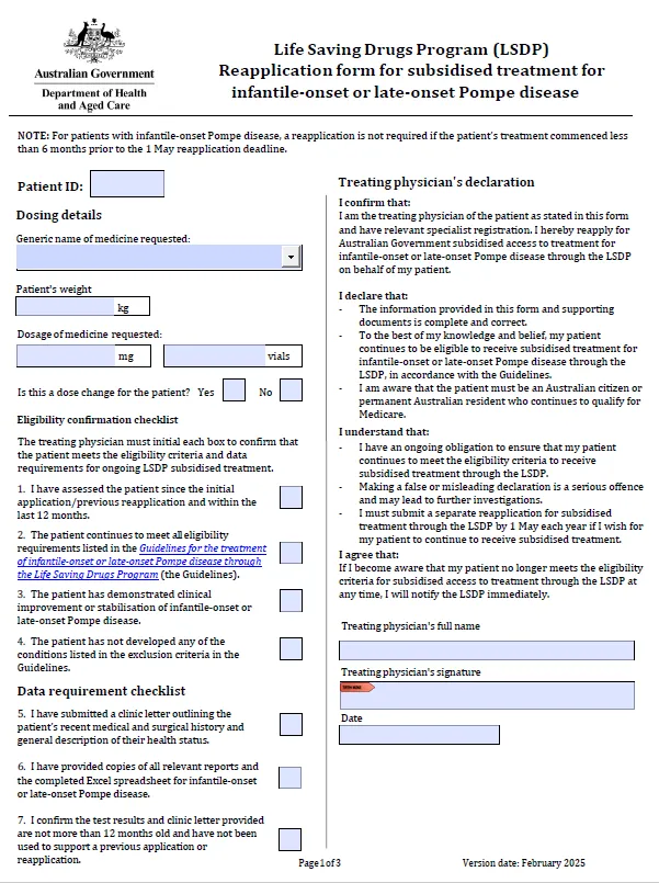 Life Saving Drugs Program – Pompe disease – Reapplication