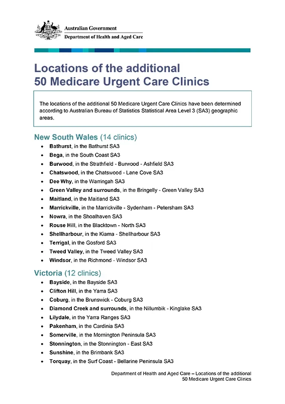 LOCATIONS OF THE ADDITIONAL 50 MEDICARE URGENT CARE CLINICS