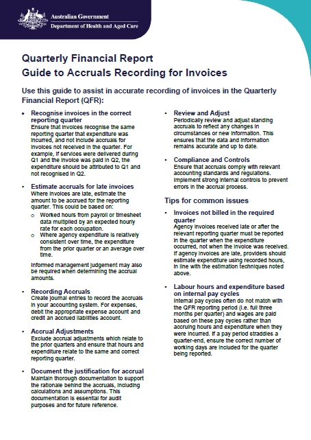 Quarterly Financial Report: Guide to Accruals Recording for Invoices for Labour Costs and Hours reporting