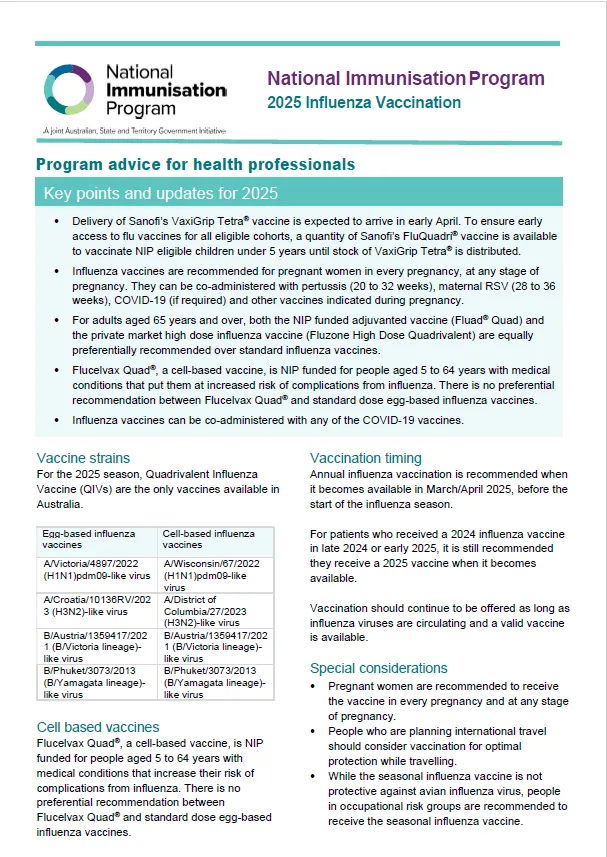 2025 influenza vaccination – Program advice for health professionals