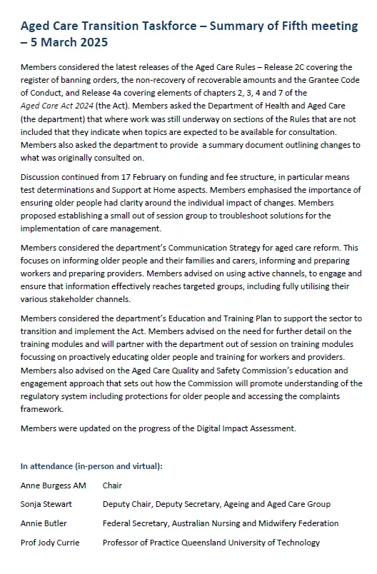 Aged Care Transition Taskforce – Summary of fifth meeting – 5 March 2025