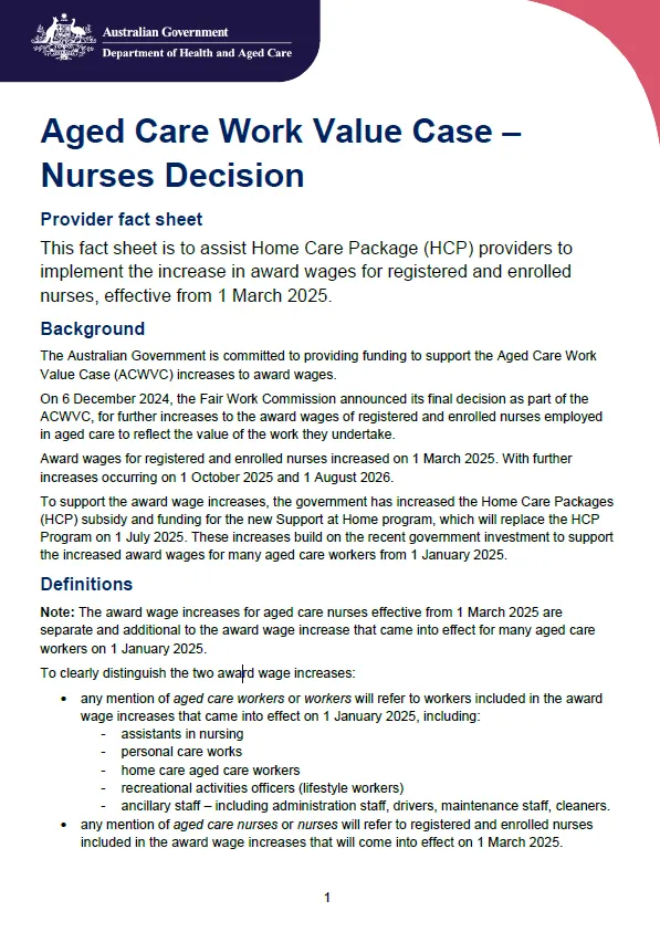 Aged Care Work Value Case – Nurses Decision provider fact sheet