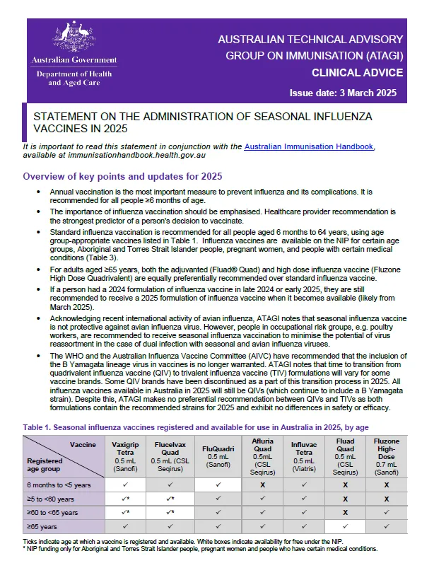 ATAGI statement on the administration of seasonal influenza vaccines in 2025