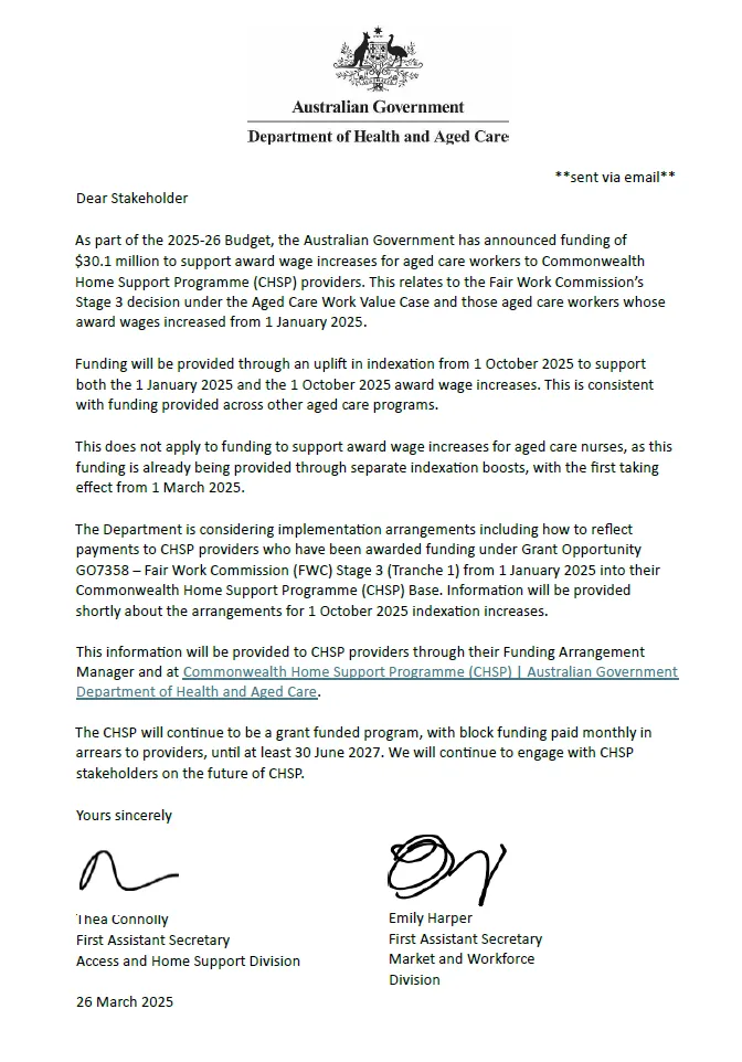 Document screenshot - CHSP post budget communication letter