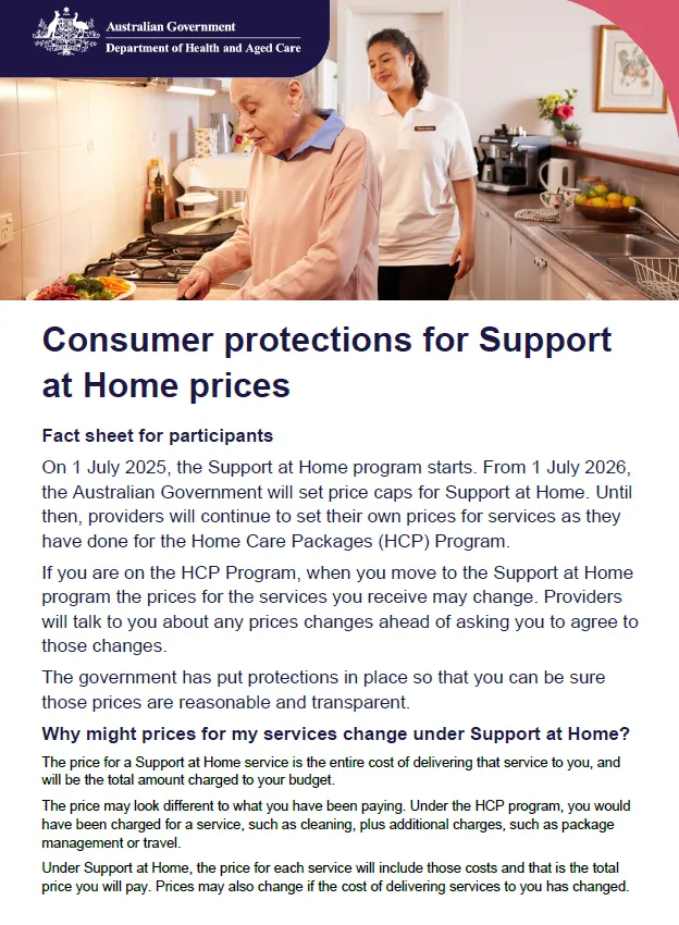 Consumer protections for Support at Home prices – fact sheet for participants