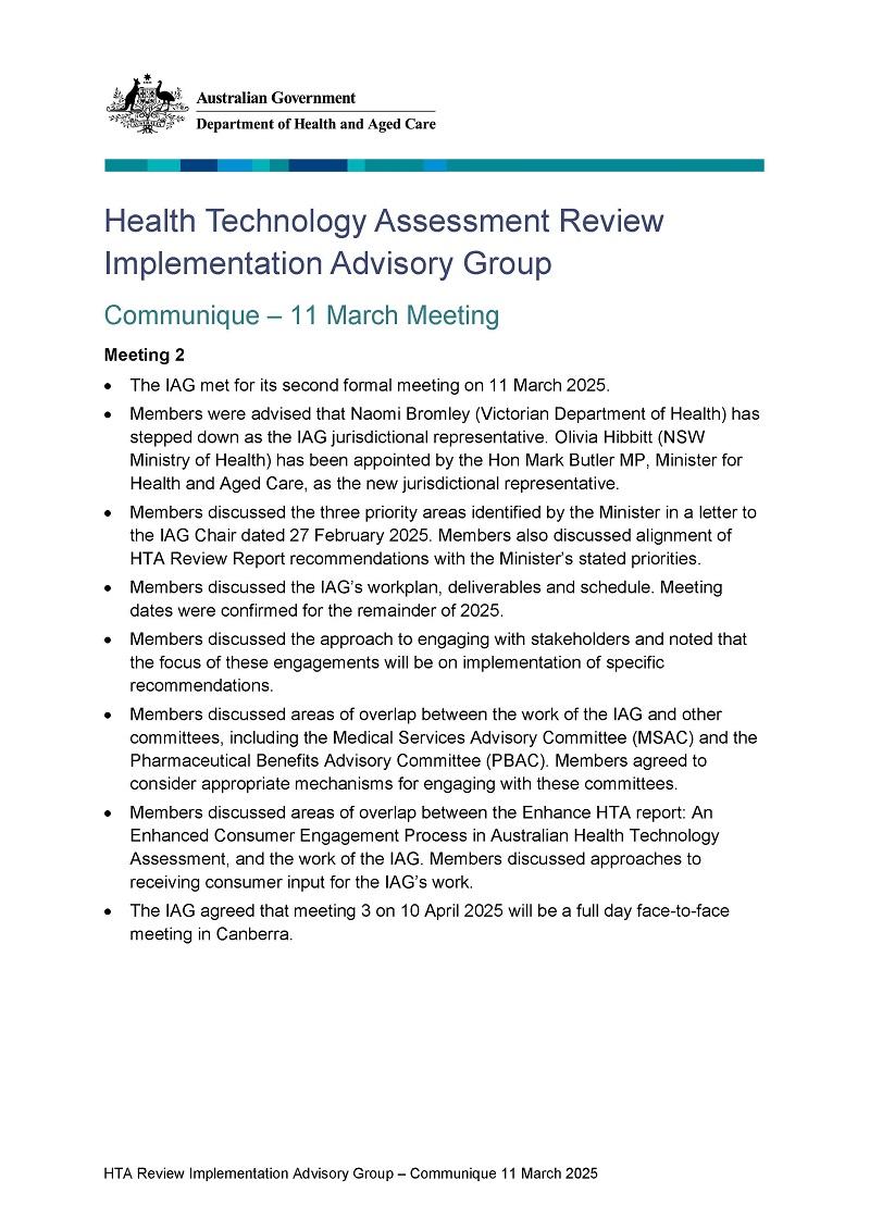 HTA Review Implementation Advisory Group communique – 11 March 2025