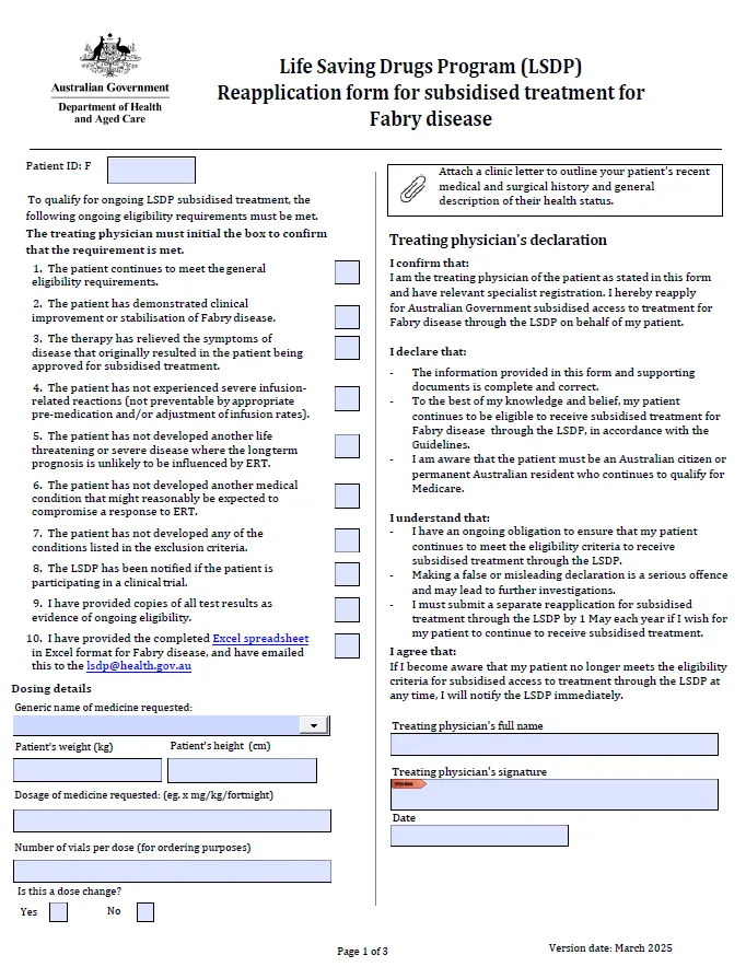 Life Saving Drugs Program – Fabry disease – Reapplication