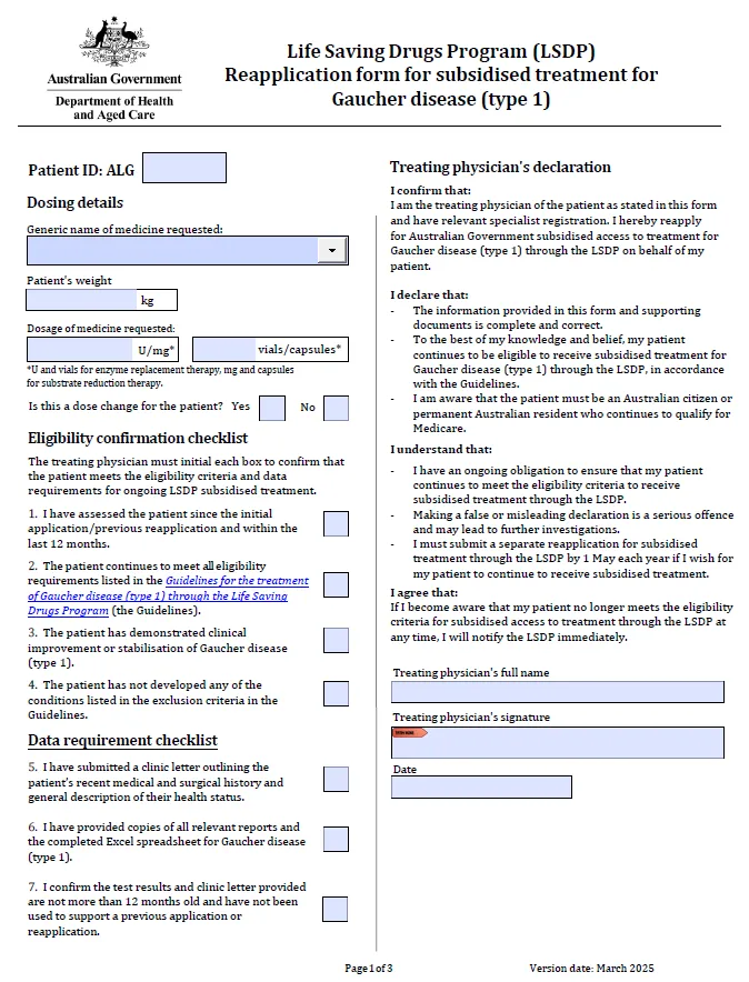 Life Saving Drugs Program – Gaucher disease (type 1) – Reapplication